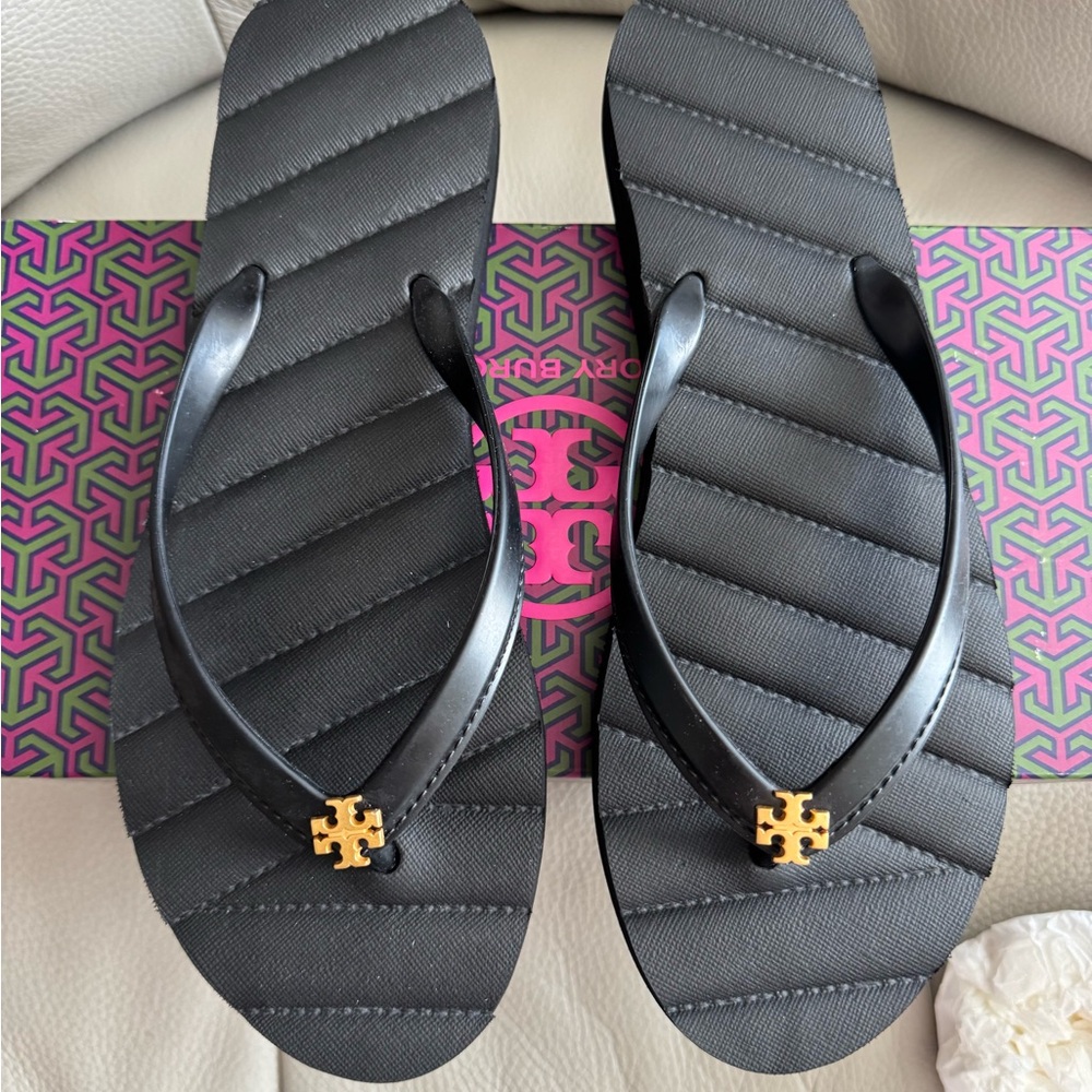 Tory Burch Black Sandals with Gold Emblem